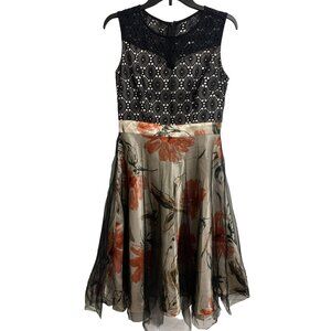 Black Lace Floral Print Crochet Midi Dress Tulle Overlay Empire Waist Wimsigoth